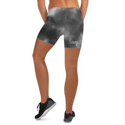 YYN Women workout shorts. black and white cloud mix.