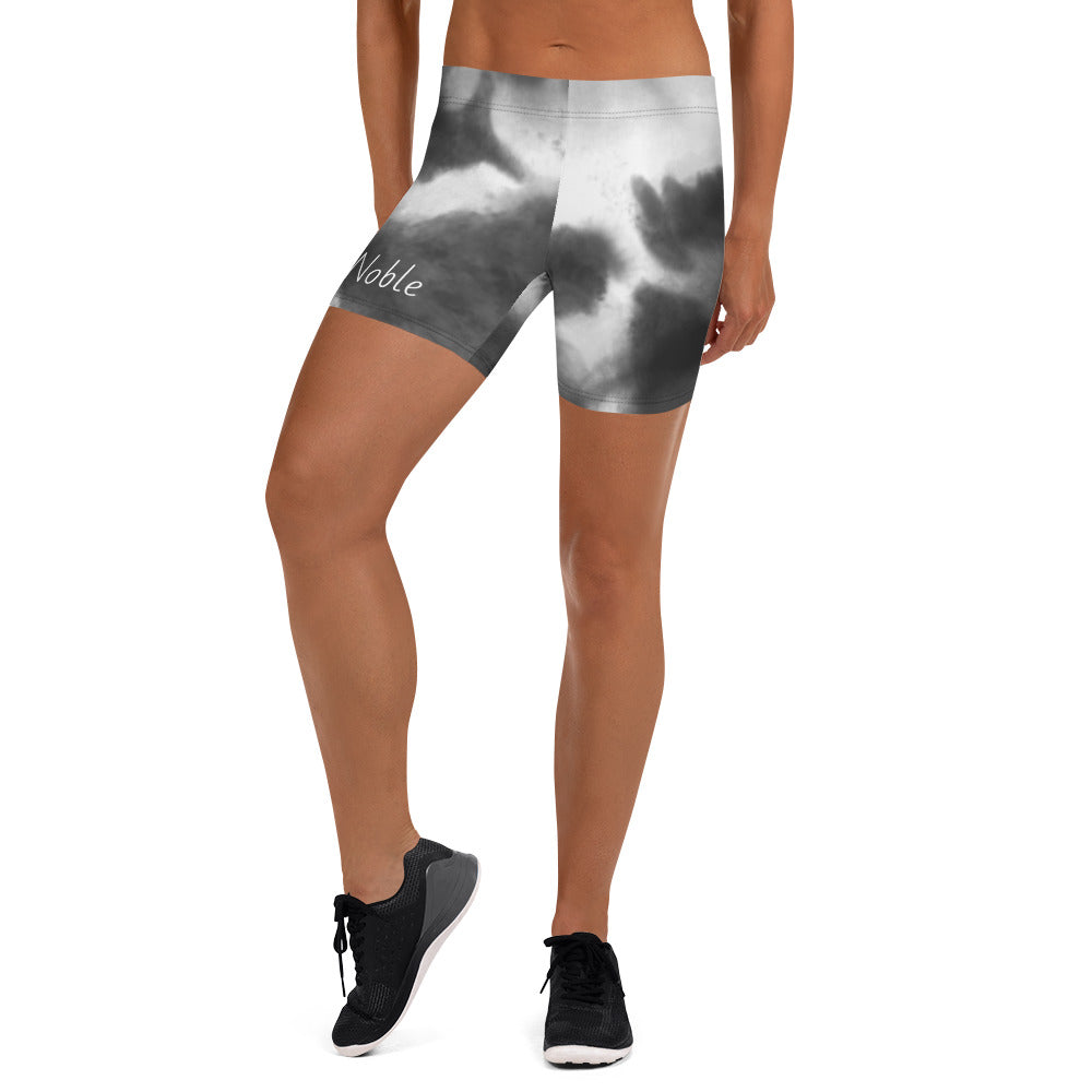 YYN Women workout shorts. black and white cloud mix.