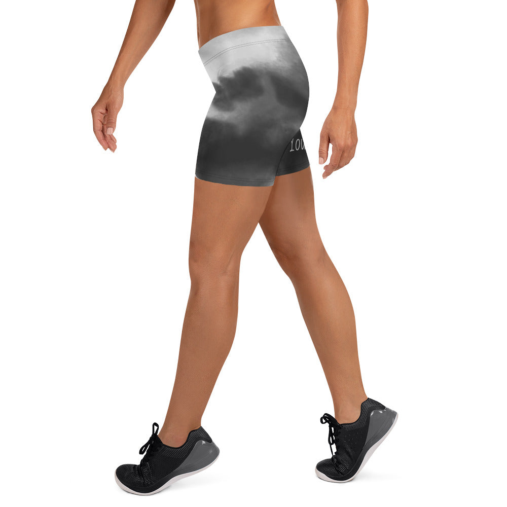 YYN Women workout shorts. black and white cloud mix.